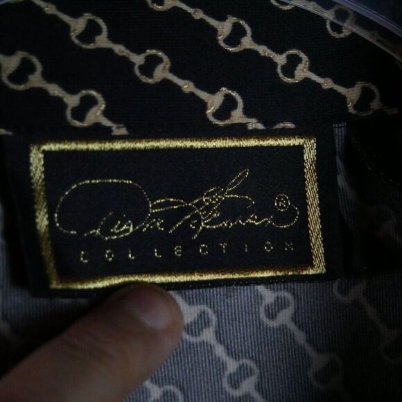 Diane Gilman Women's Size Large Blouse Button Down Black Golden Chain Print - Picture 3 of 12
